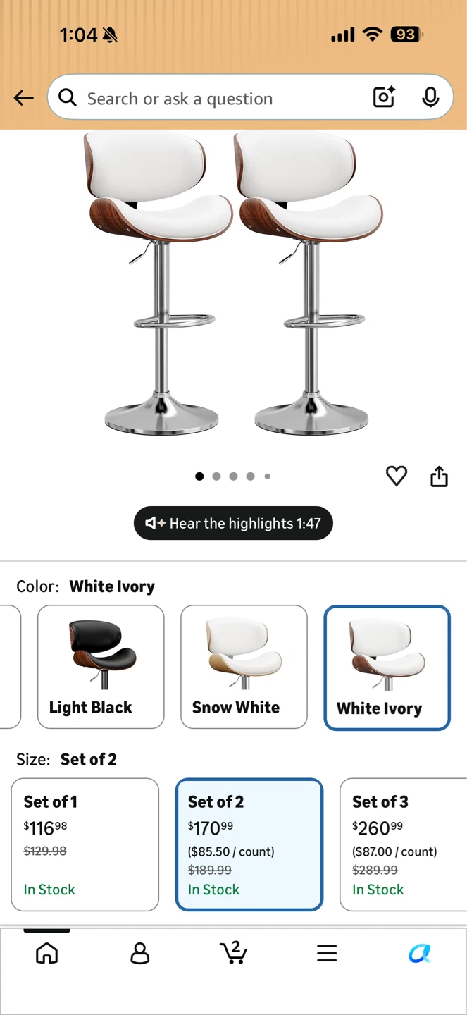 Set of 2 White Ivory Bar Stools with Walnut Wood Trim - photo 5