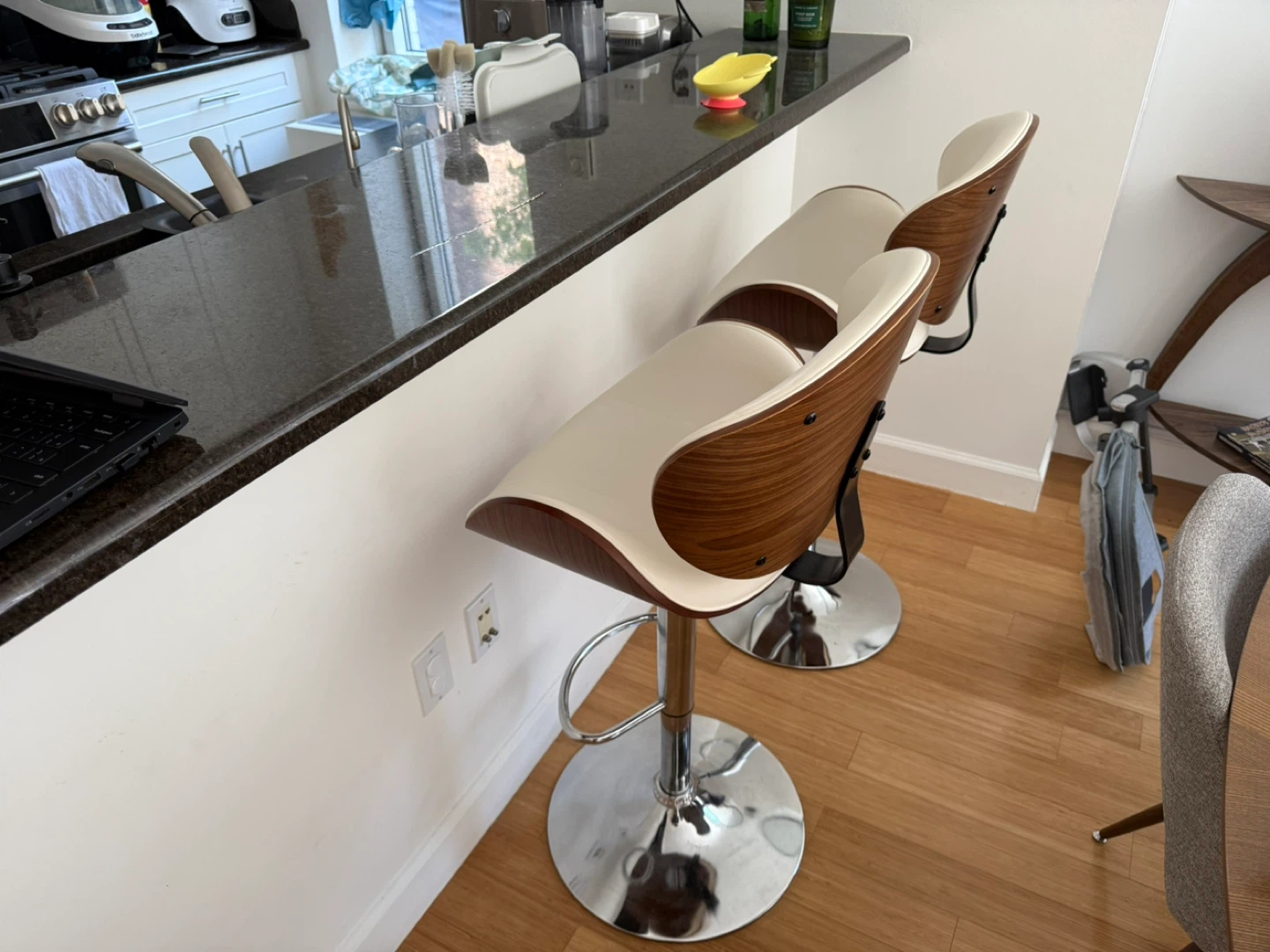 Set of 2 White Ivory Bar Stools with Walnut Wood Trim