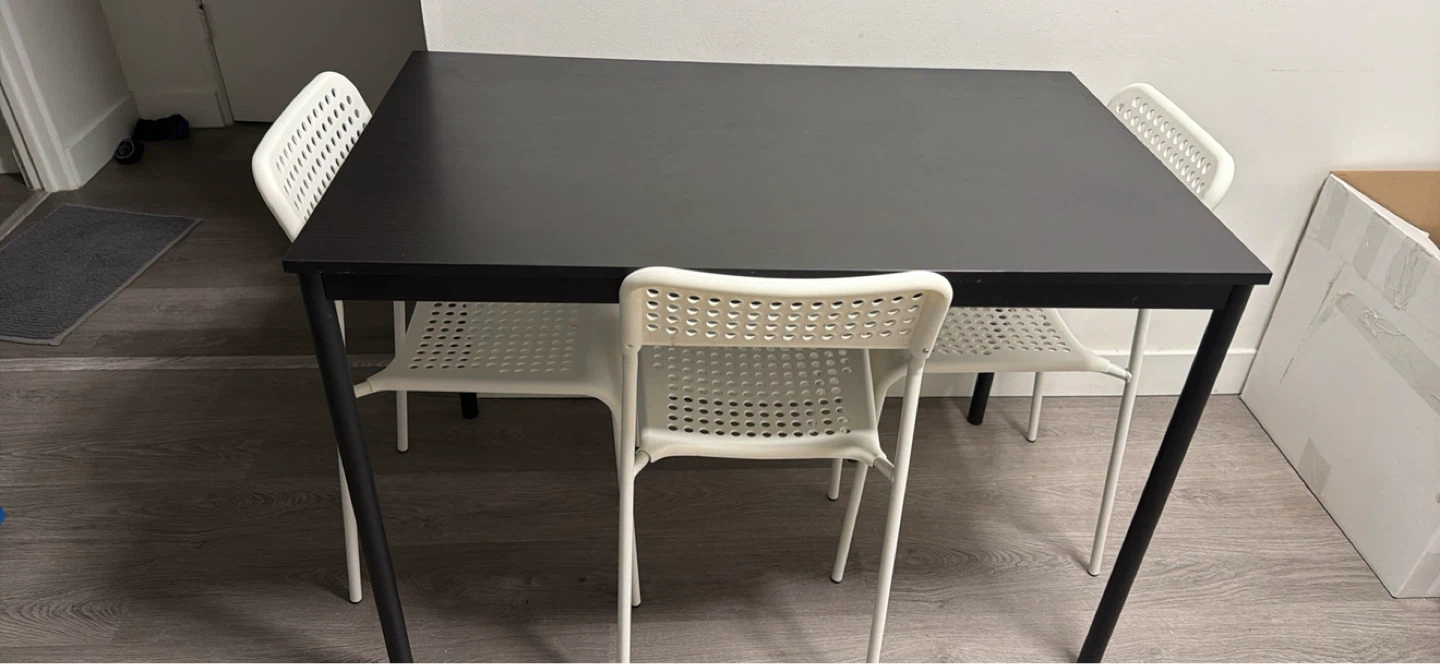 IKEA Black Dining Table and 3 White Chairs Set