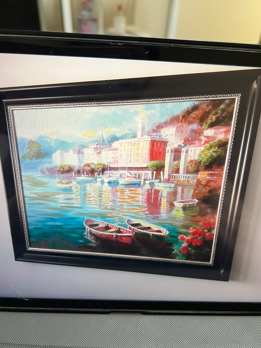 Framed Painting of Boats and Coastal Town