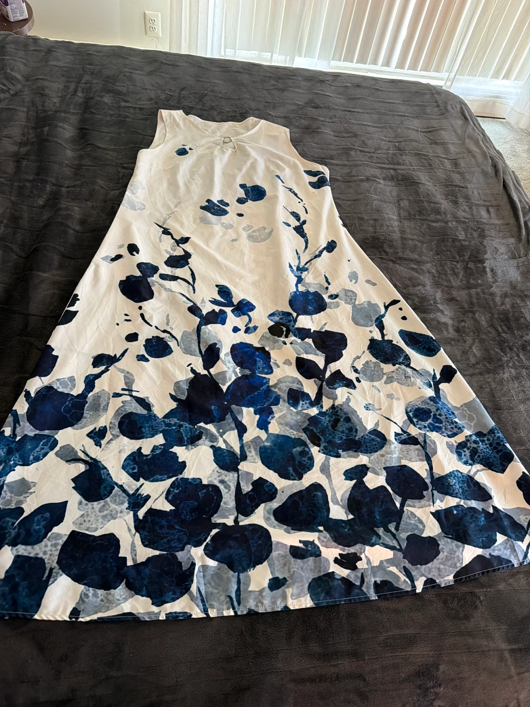 White and Blue Floral Sleeveless Dress