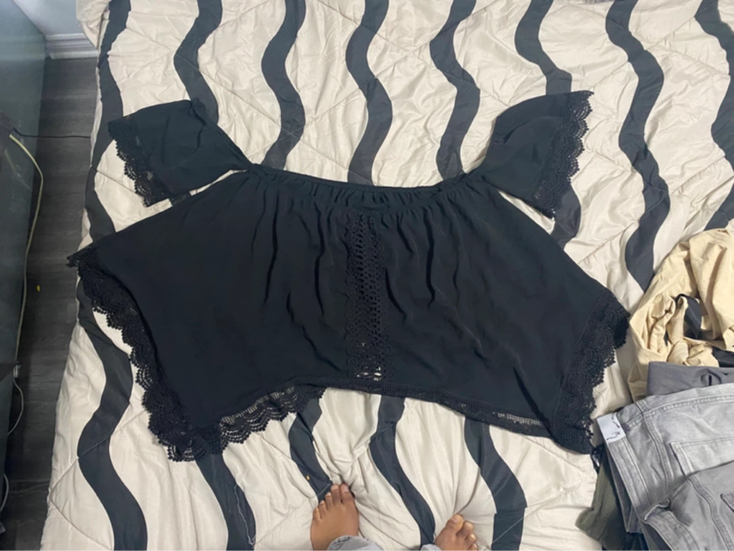 Black Lace Trim Off-the-Shoulder Blouse