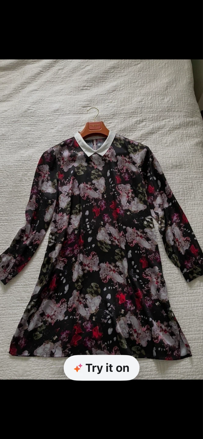 Black Floral Long Sleeve Collared Dress