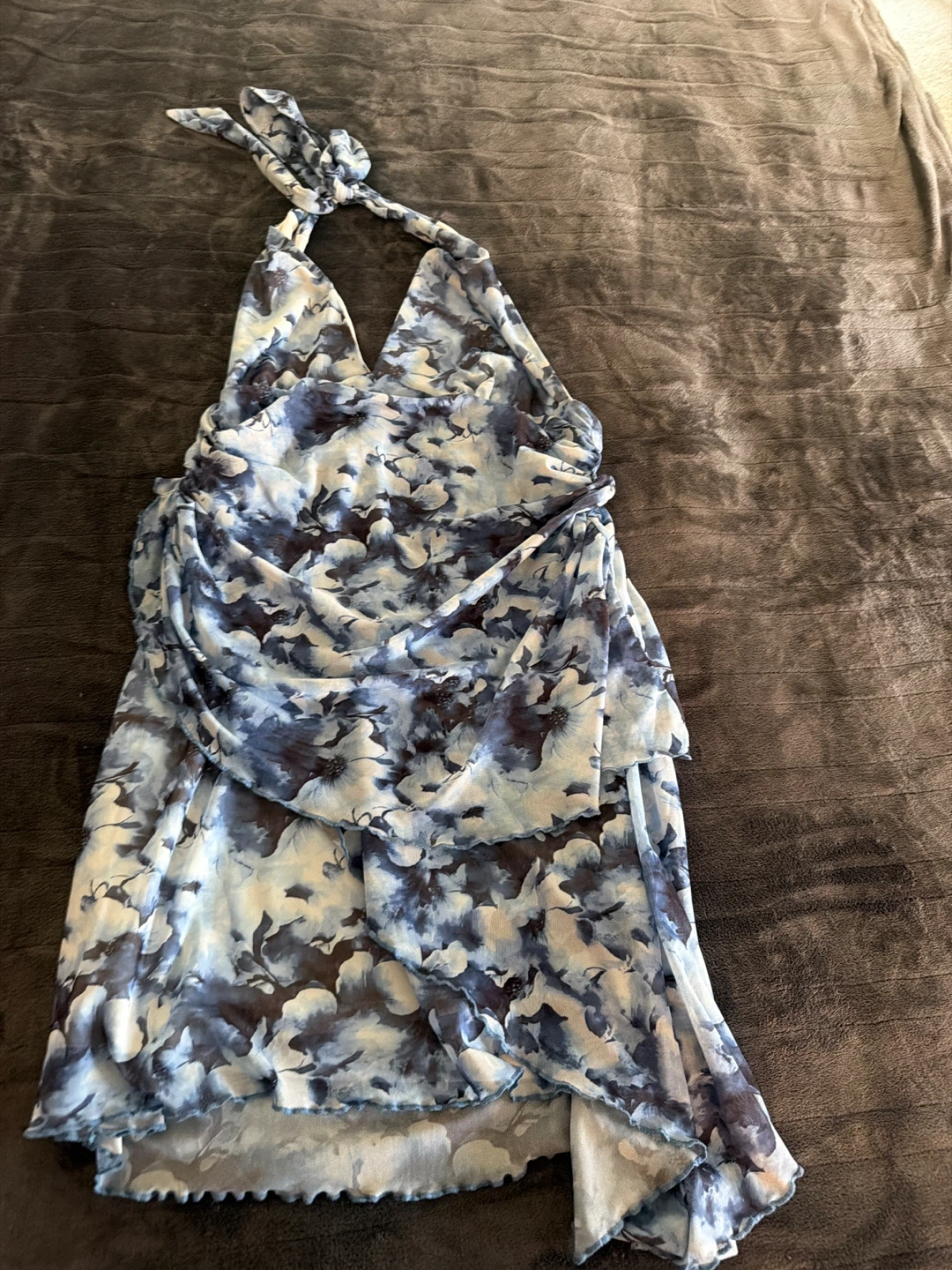 Blue Floral Halter Neck Dress