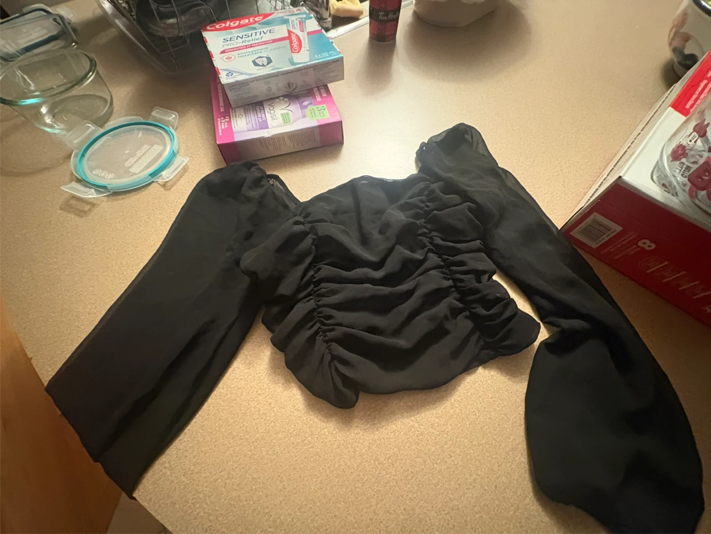 Black Ruched Mesh Puff Sleeve Top