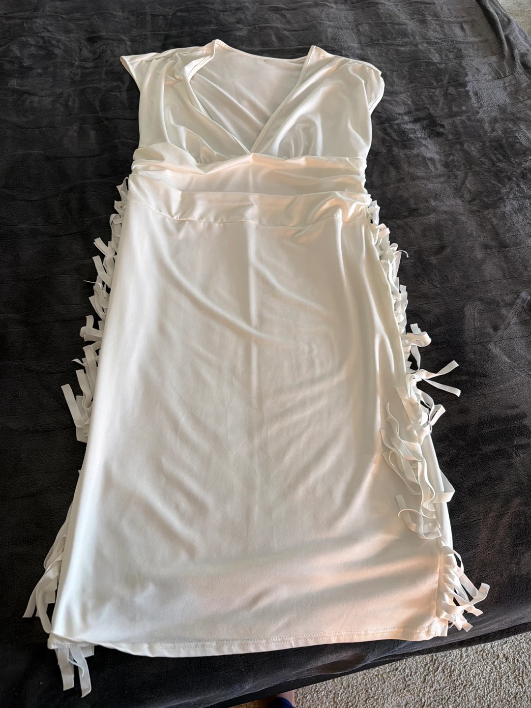 White V-Neck Fringed Dress