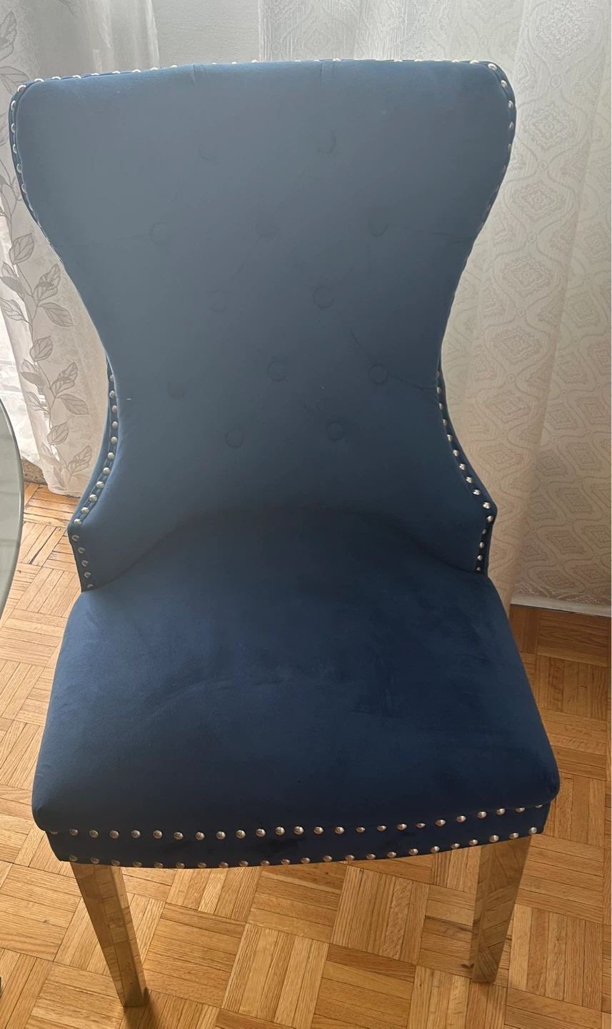 Round Marble Top Dining Table with 4 Blue Velvet Chairs - photo 2