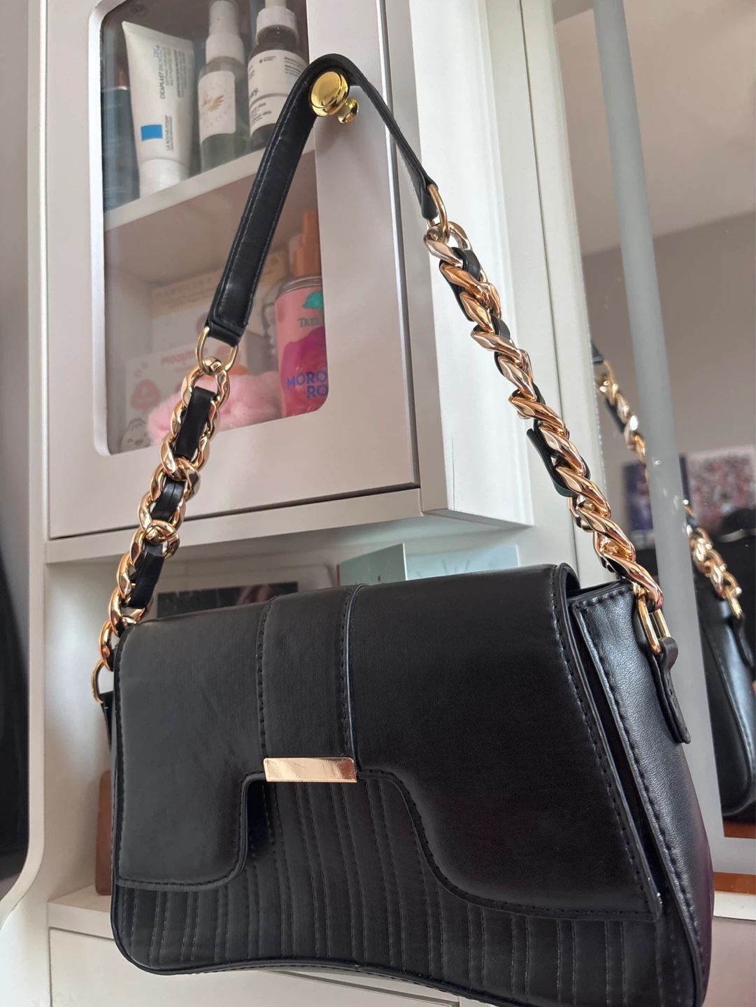 Black Shoulder Bag with Gold Chain Strap