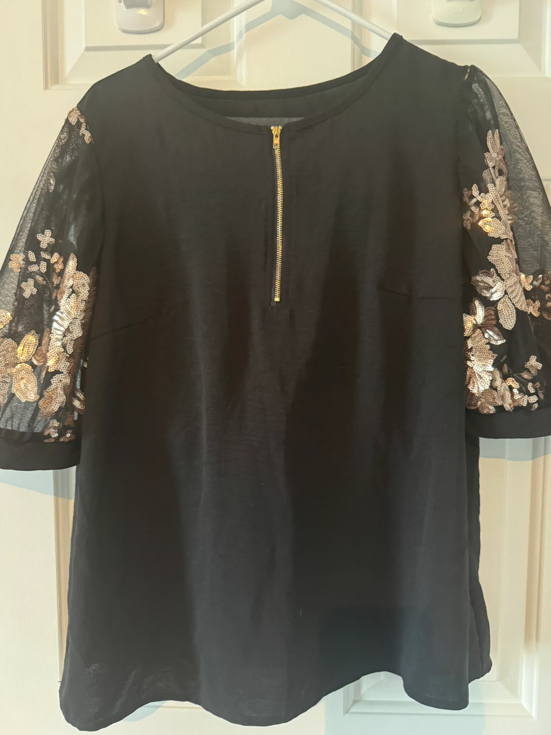 Black T-Shirt with Sequin Mesh Sleeves - photo 2