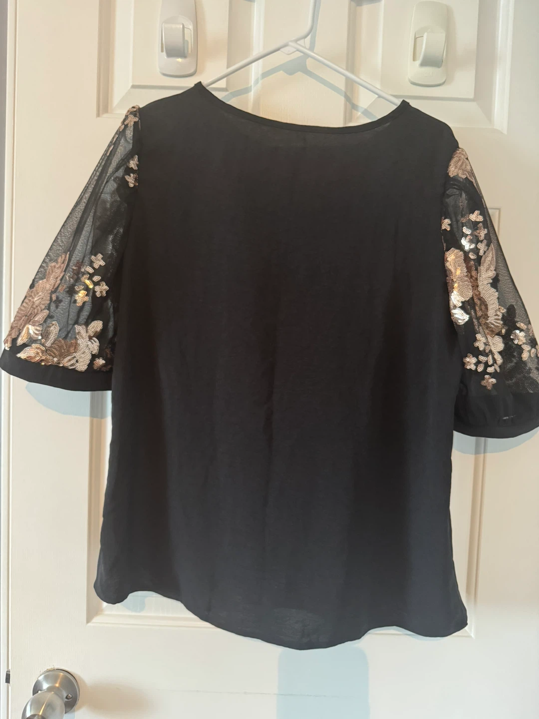 Black T-Shirt with Sequin Mesh Sleeves