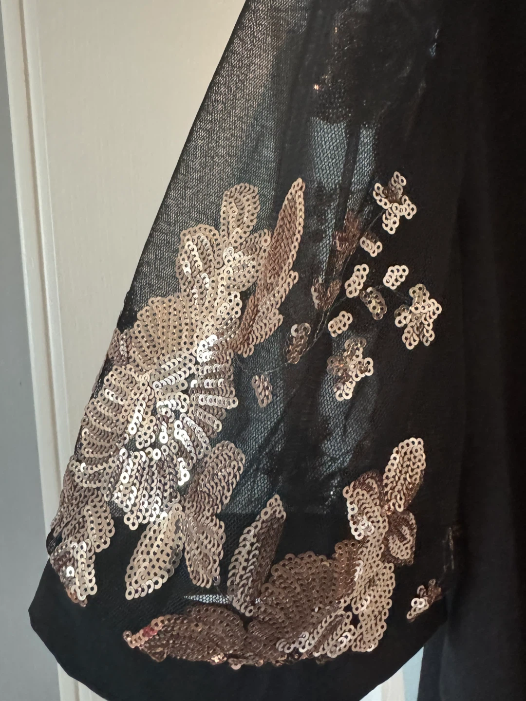 Black T-Shirt with Sequin Mesh Sleeves - photo 3