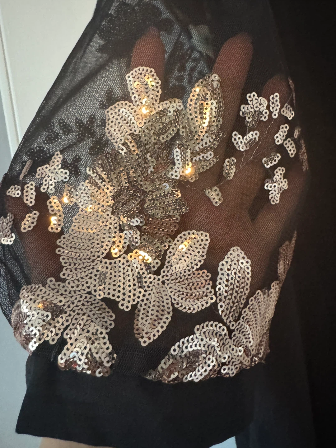 Black T-Shirt with Sequin Mesh Sleeves - photo 4