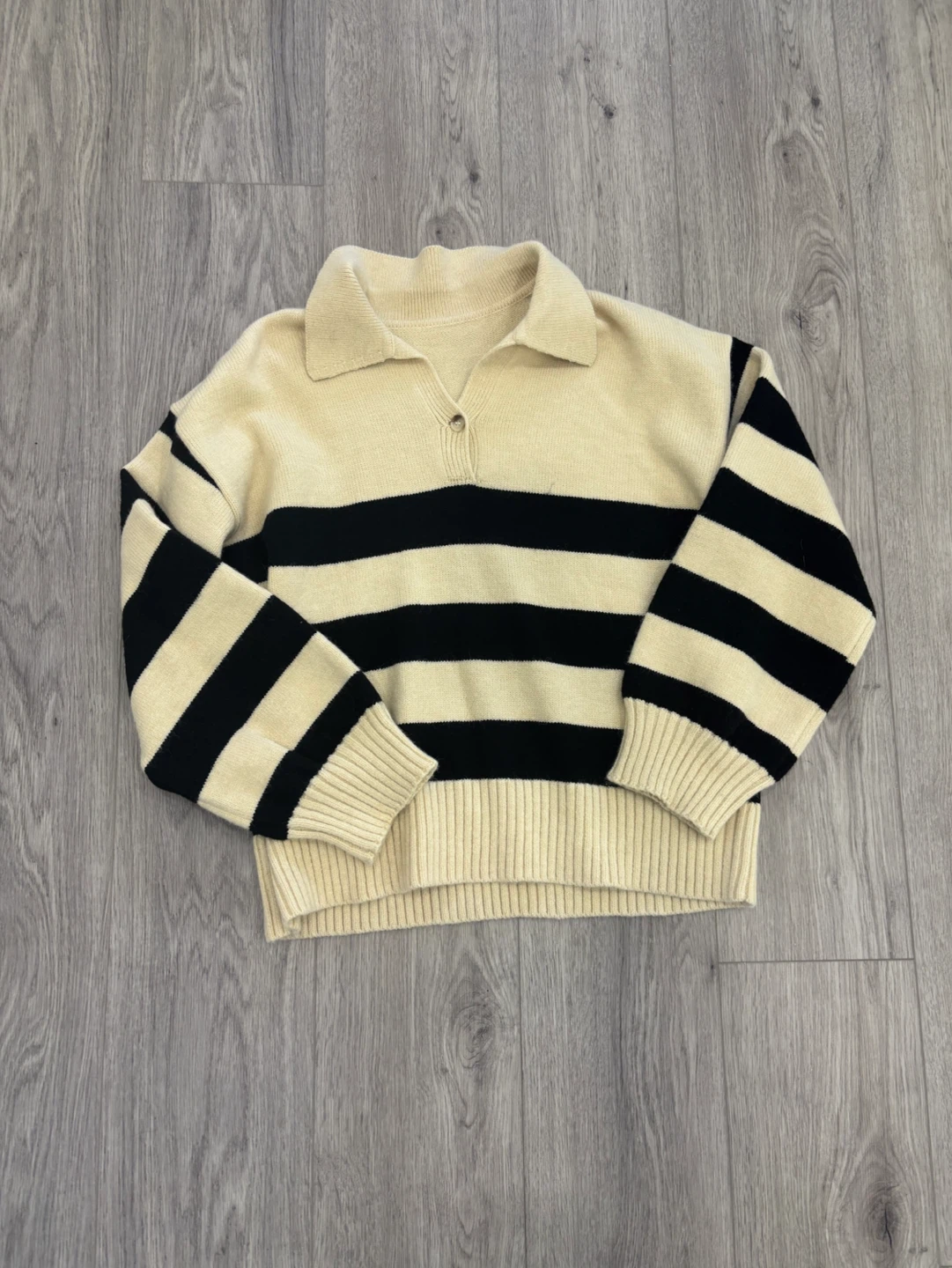 Cream and Black Striped Collared Sweater