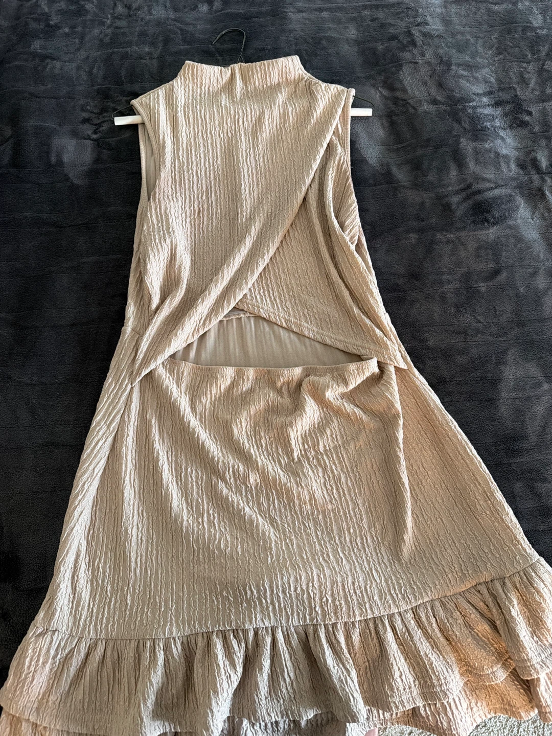Tan Textured Cutout Back Dress with Ruffle Hem