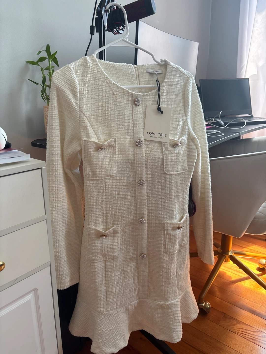 Love Tree White Textured Dress with Rhinestone Buttons