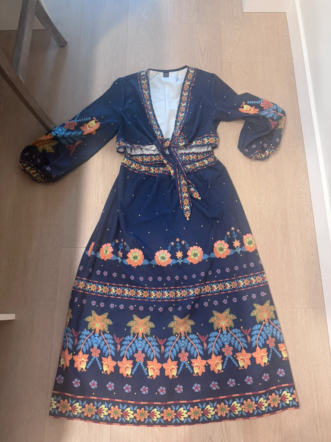 Farm Rio Blue Floral Print Tie Front Midi Dress