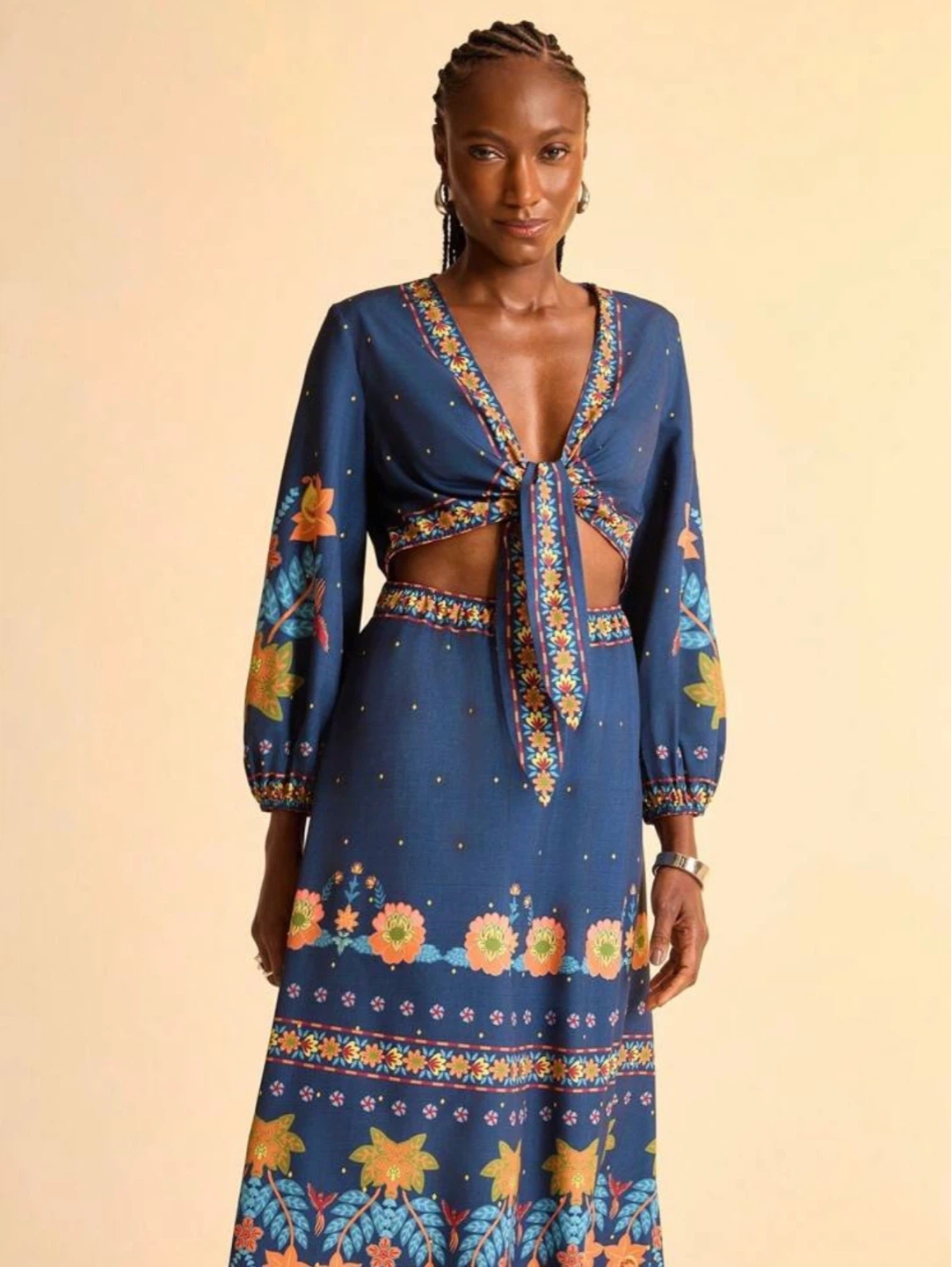 Farm Rio Blue Floral Print Tie Front Midi Dress - photo 3
