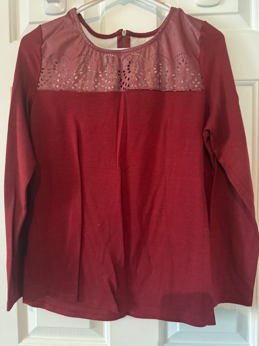 Defacto Burgundy Faux Leather & Cutout Long Sleeve Top Size L