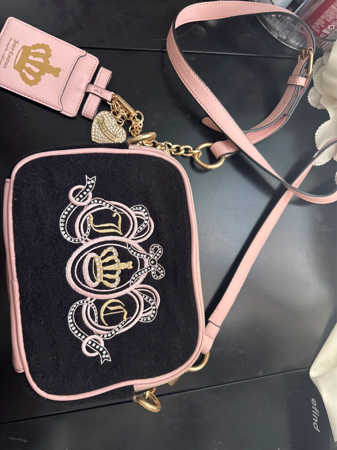 Juicy Couture Black & Pink Velour Mini Bag with Crown Logo