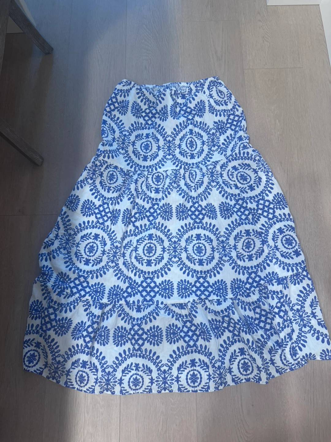 Blue and White Embroidered Maxi Skirt