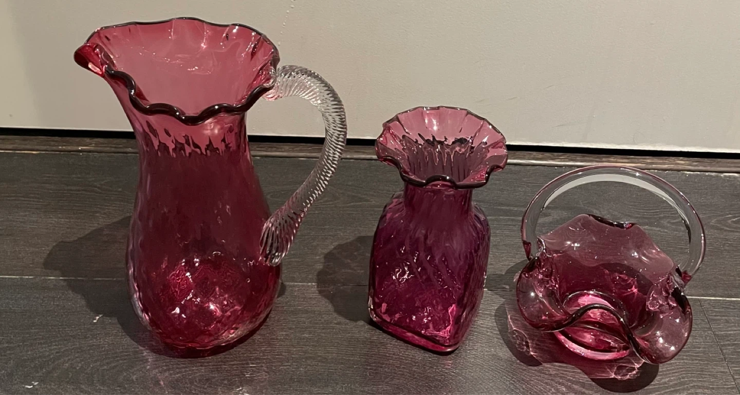 Set of 3 Pink Glass Pitchers and Vases