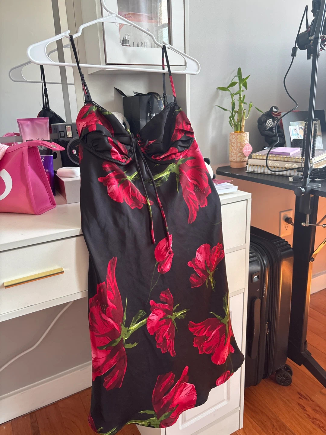 Black floral lace trim cami slip dress