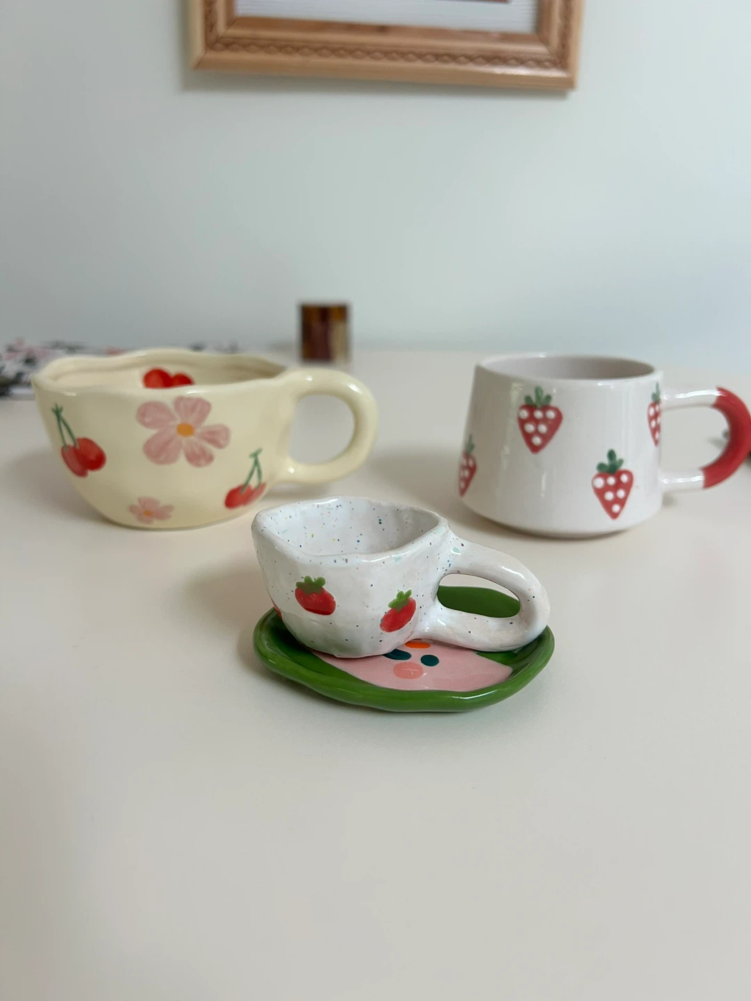 Handmade Ceramic Mugs with Cute Fruit and Flower Designs