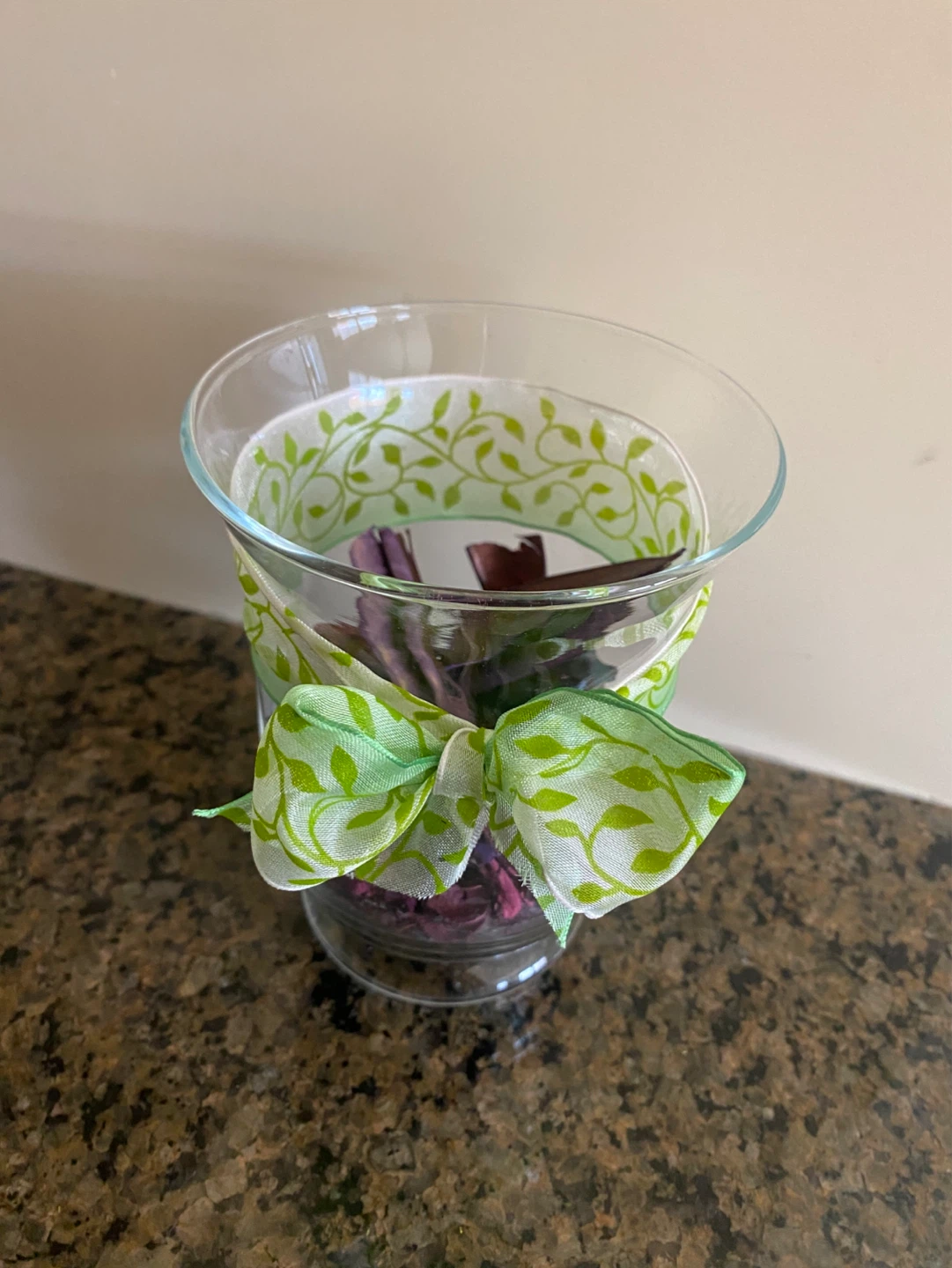 Glass Vase with Potpourri and Green Ribbon Bow