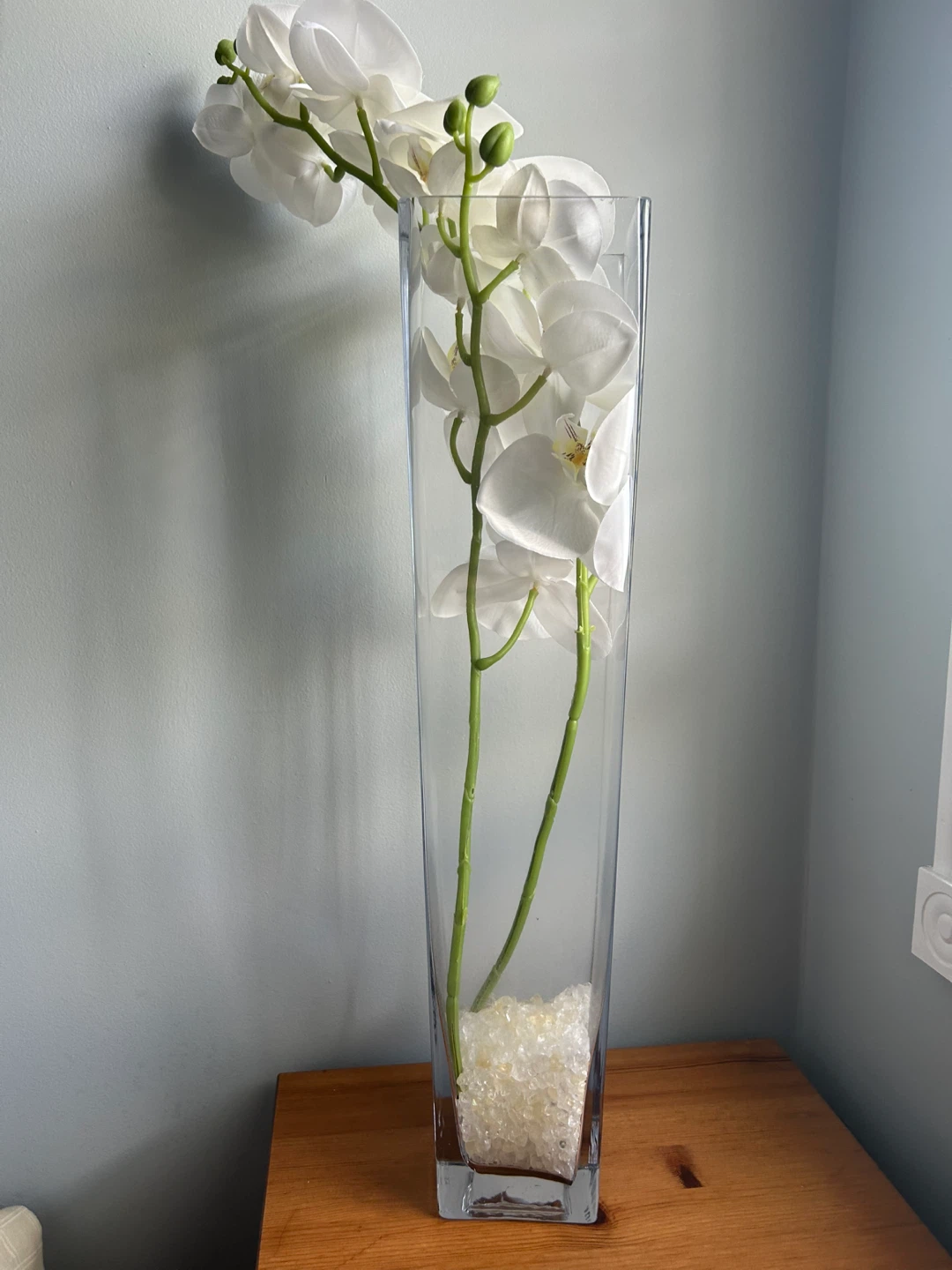 Tall Clear Glass Vase with White Artificial Orchid Arrangement