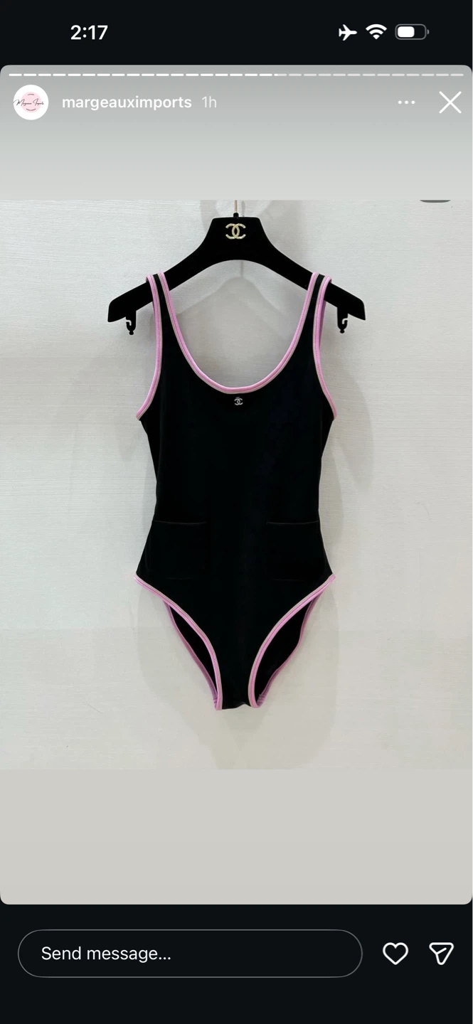 CHANEL Black One-Piece Swimsuit with Pink Trim