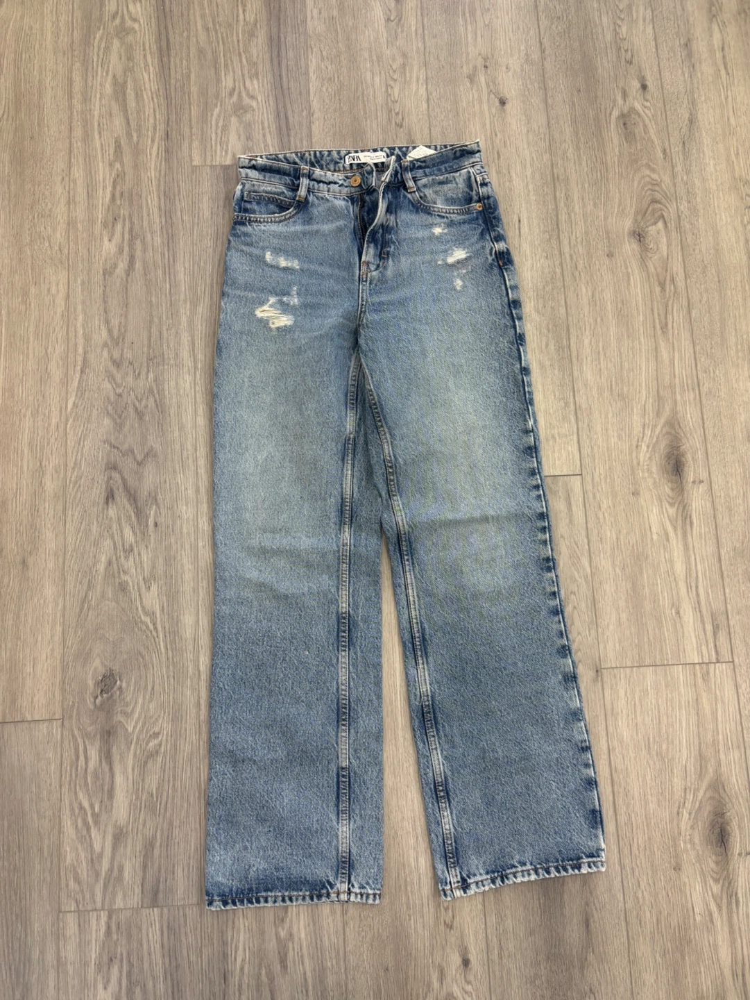ZARA Women's Blue Distressed Wide Leg Jeans