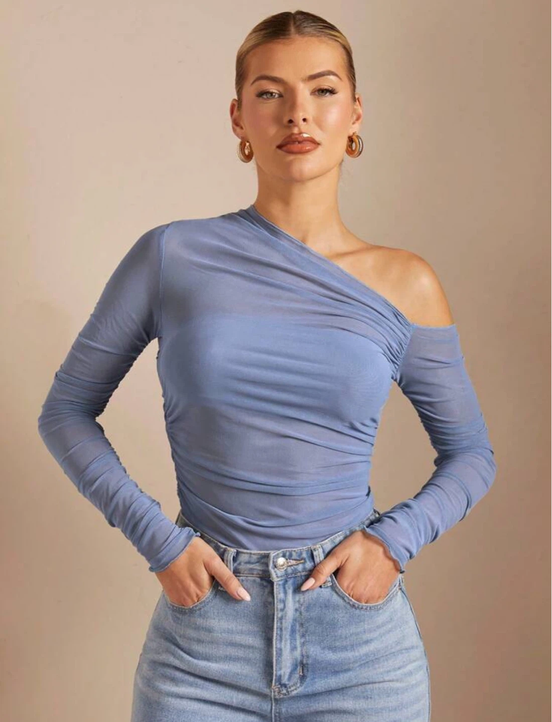 Ruched One Shoulder Mesh Top