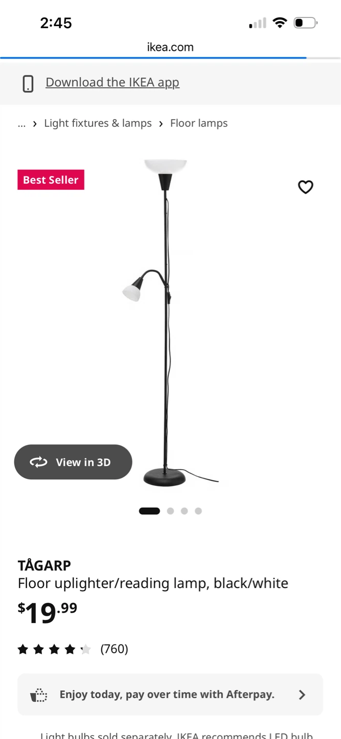 IKEA TÄGARP Floor Uplighter/Reading Lamp Black/White