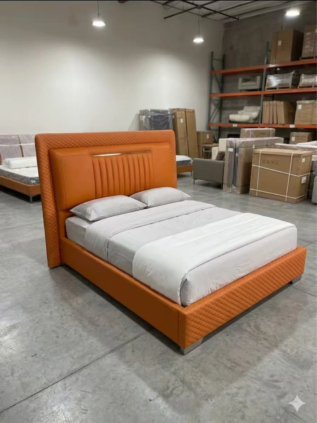 King size Orange Faux Leather Tufted Platform Bed Frame