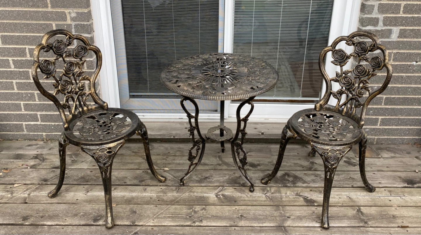 Ornate Rose Cast Metal Bistro Set - 1 Table, 2 Chairs