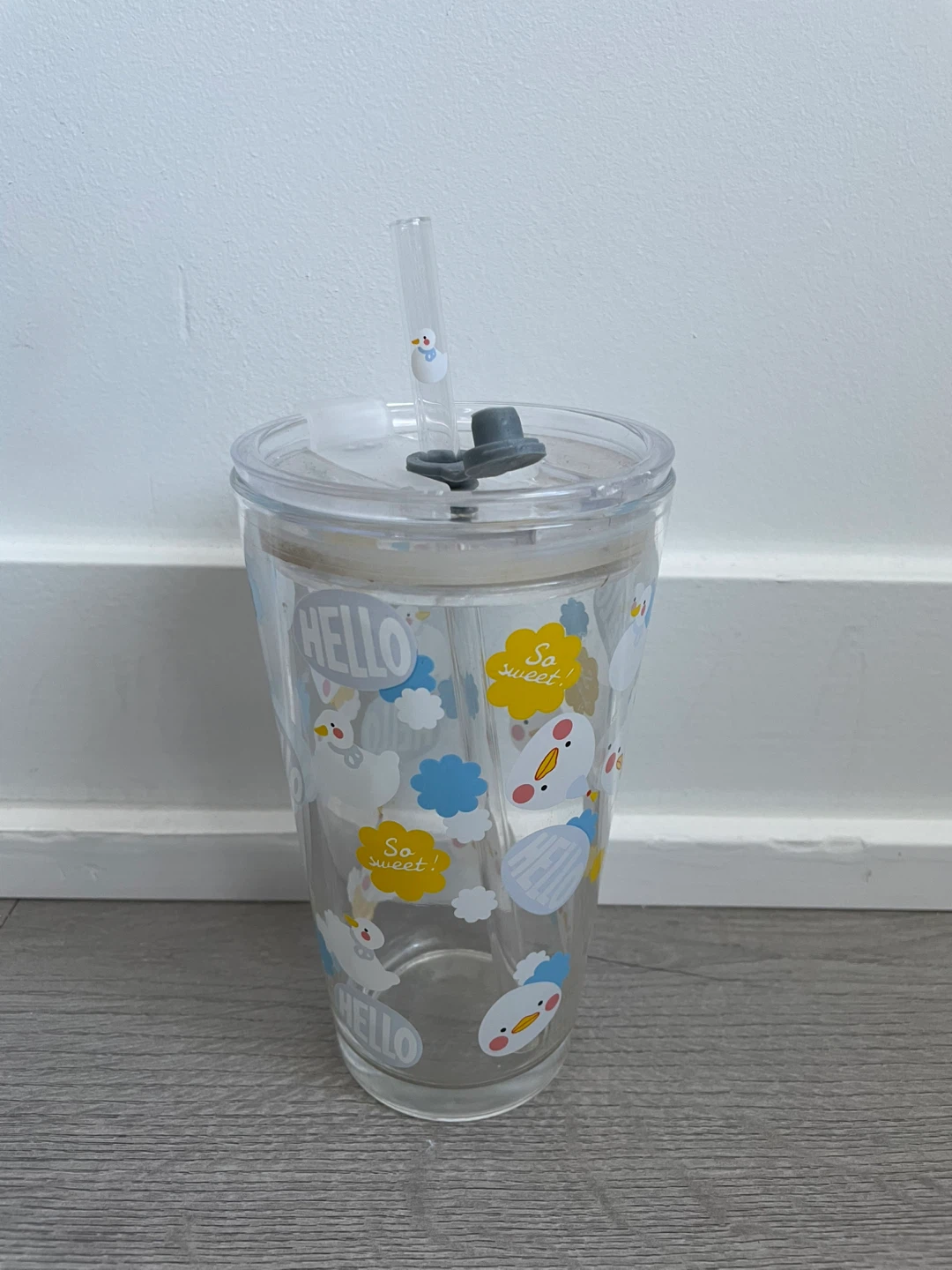 Cute Duck Glass Tumbler with Straw and Lid