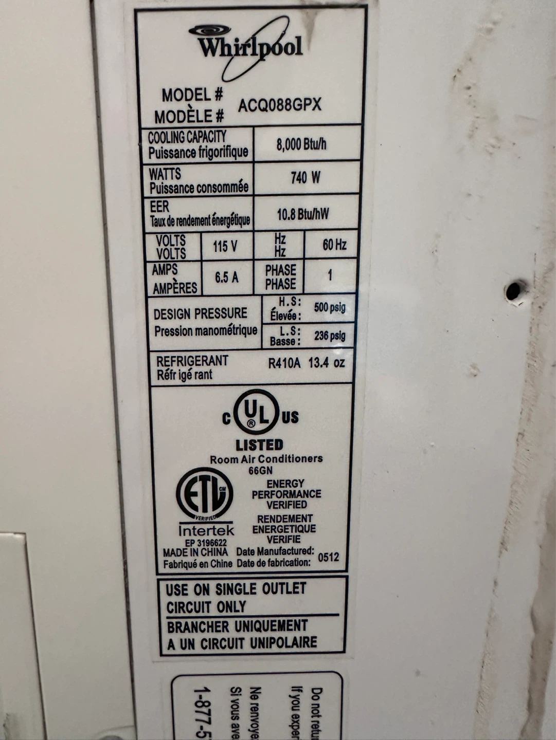 Whirlpool Window AC 8000 BTUs - photo 2