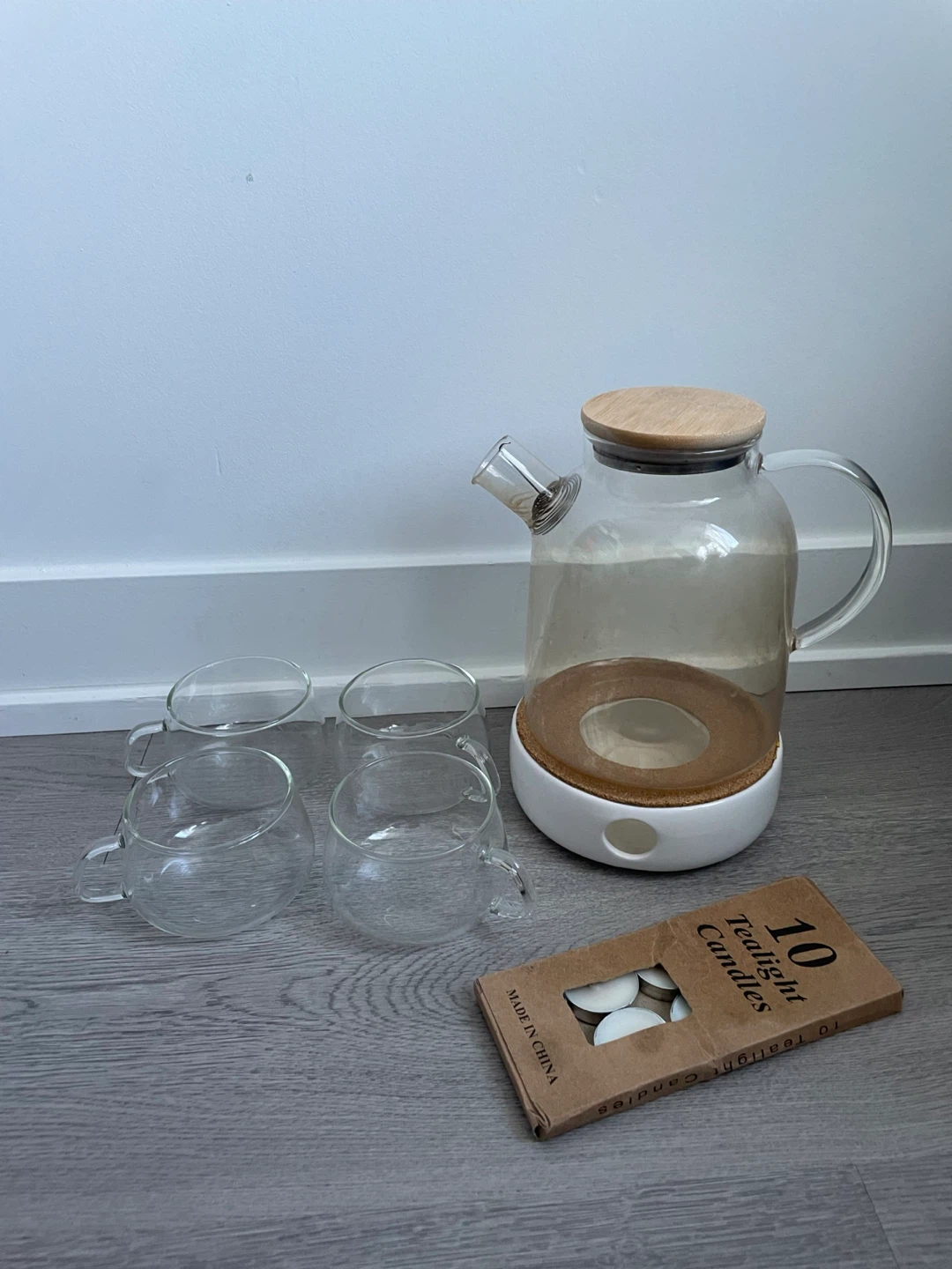 Glass Teapot Set with 4 Cups and Tealight Candles