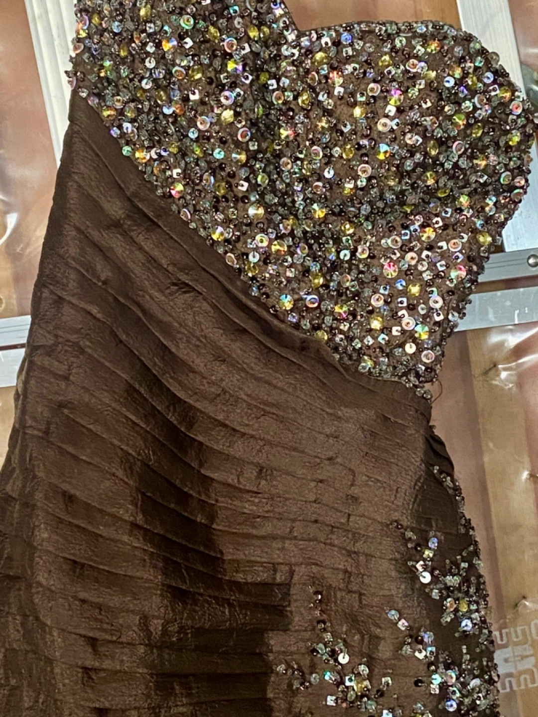 Brown Sequin Embellished One-Shoulder Gown