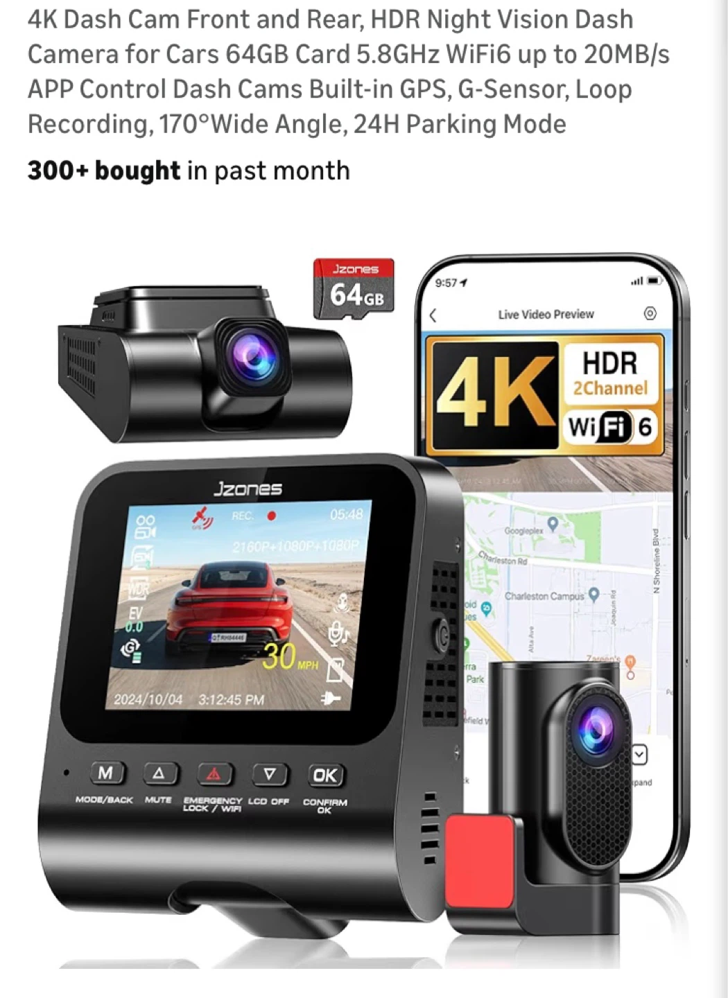 Jzones 4K Dash Cam Front and Rear with 64GB Card