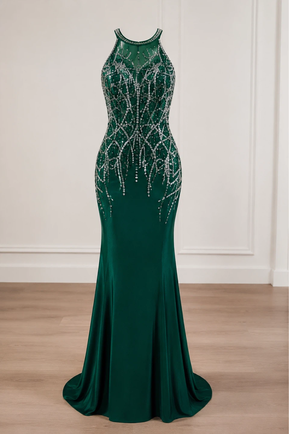 Emerald Green Beaded Halter Neck Gown