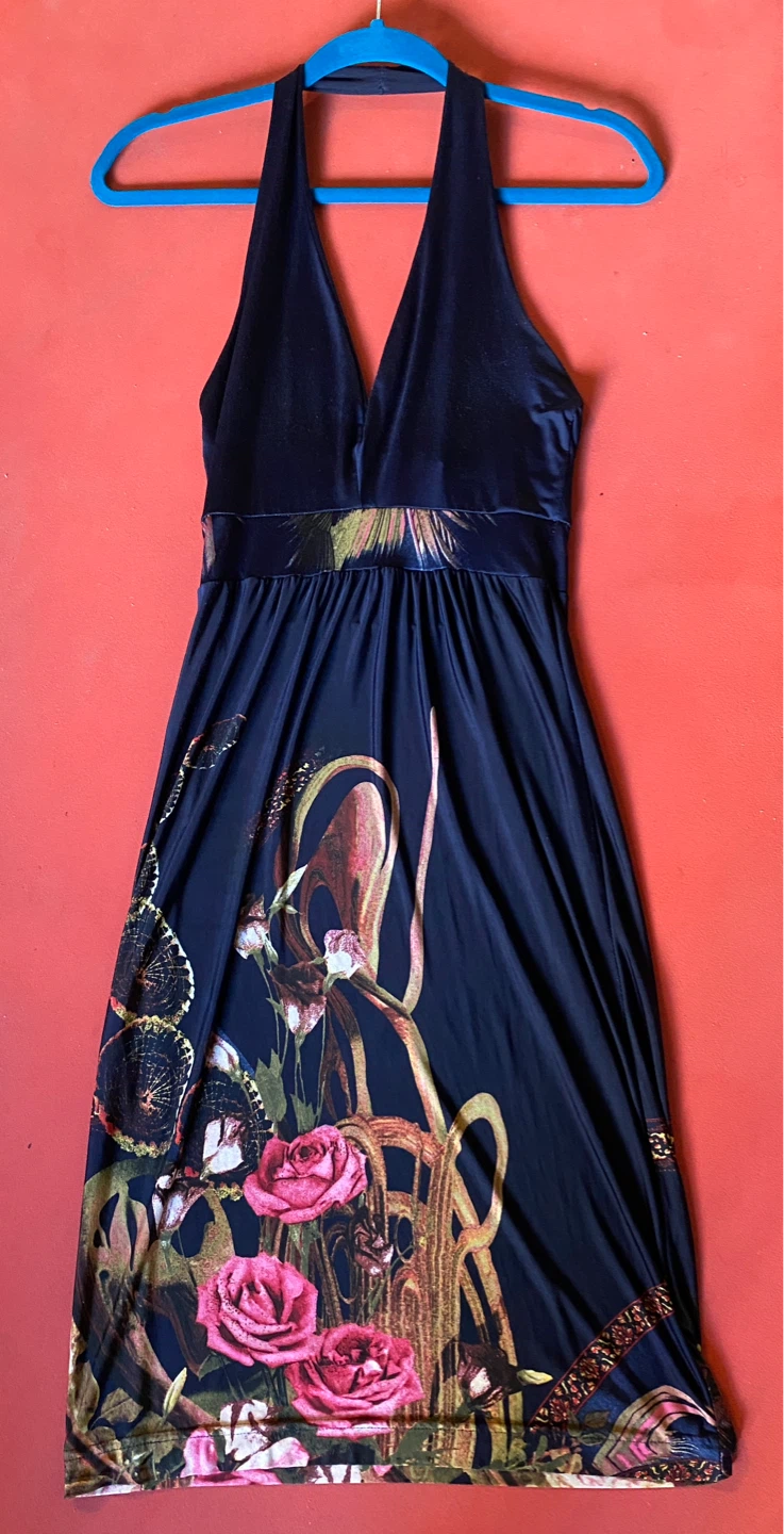 Navy Blue Halter Dress with Floral Print