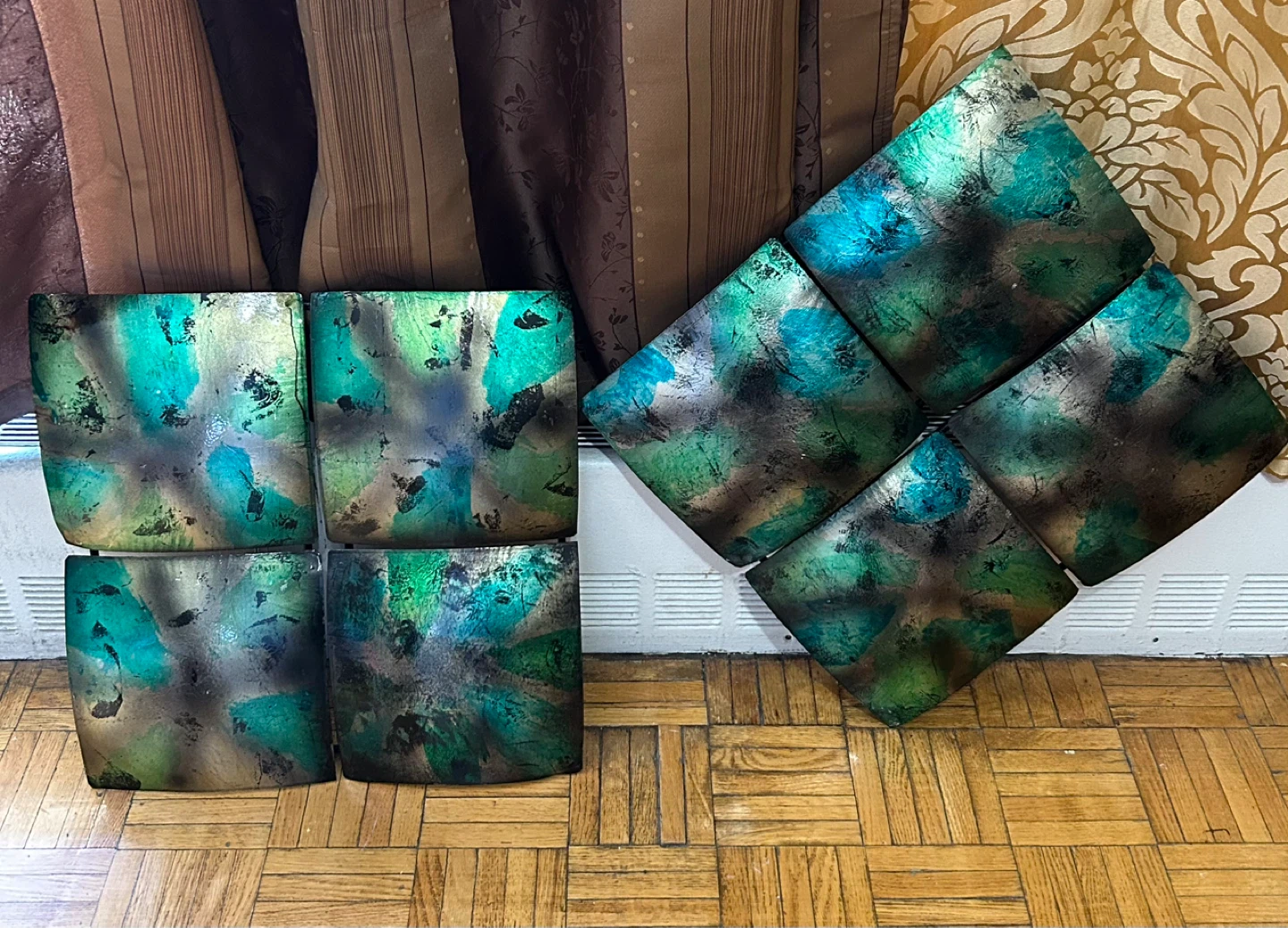 Set of 2 Decorative Metal Wall Art Panels - Teal, Green & Gold - photo 2