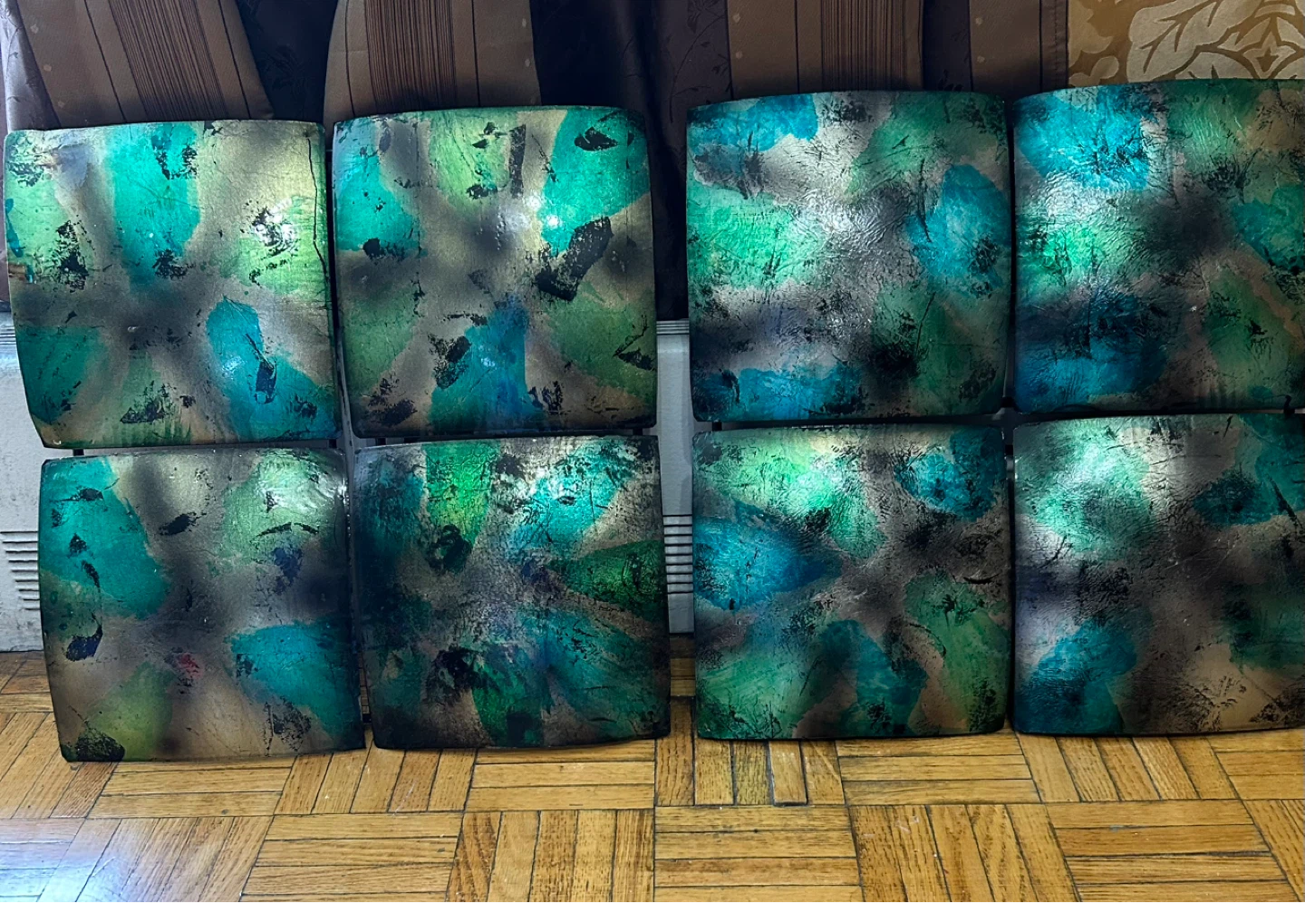 Set of 2 Decorative Metal Wall Art Panels - Teal, Green & Gold