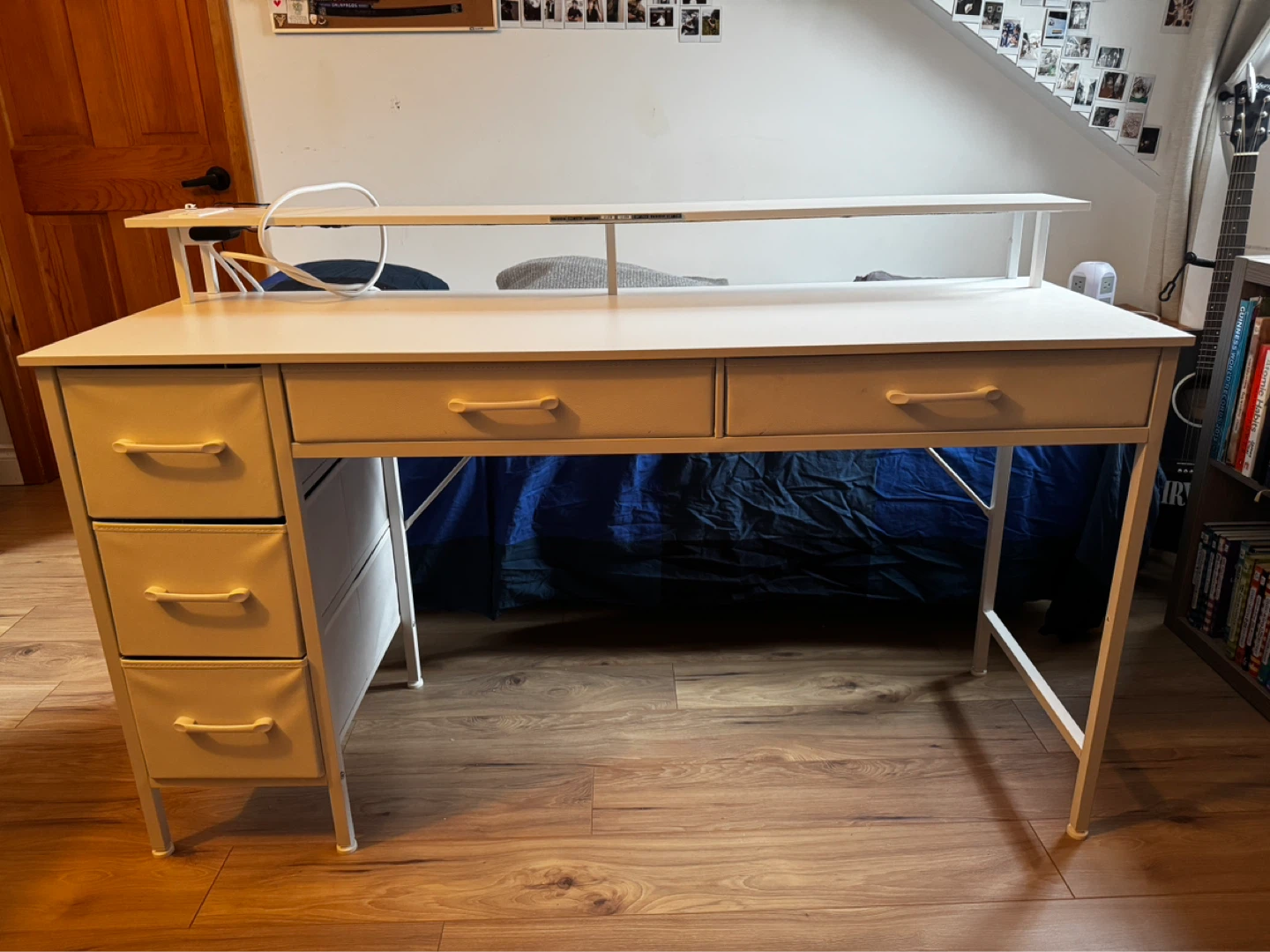 White Desk with Drawers and Built-in Power Outlet