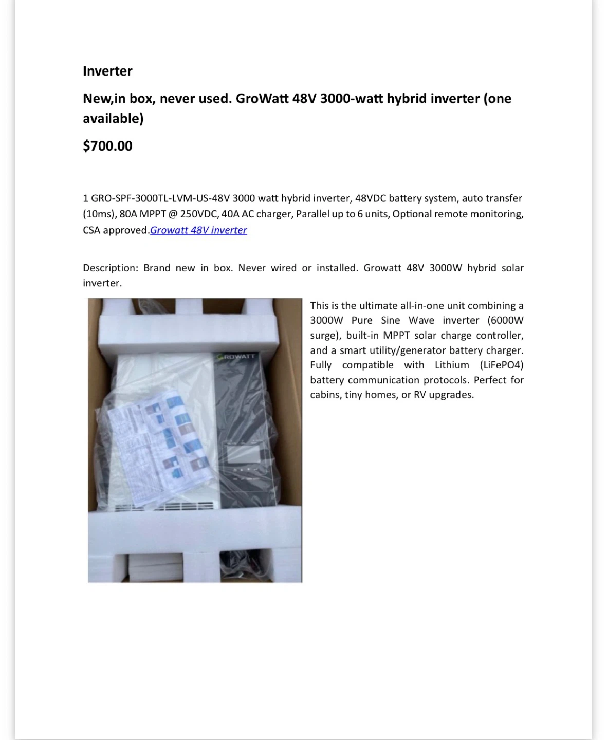 GroWatt 48V 3000-watt Hybrid Solar Inverter - New in Box