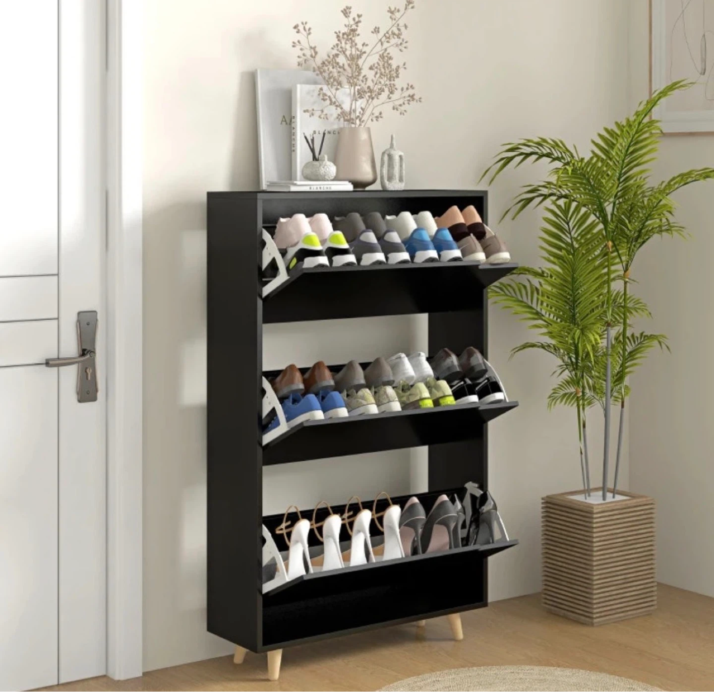 SLIM SHOE STORAGE CABINET WITH 3 FLIP DRAWERS