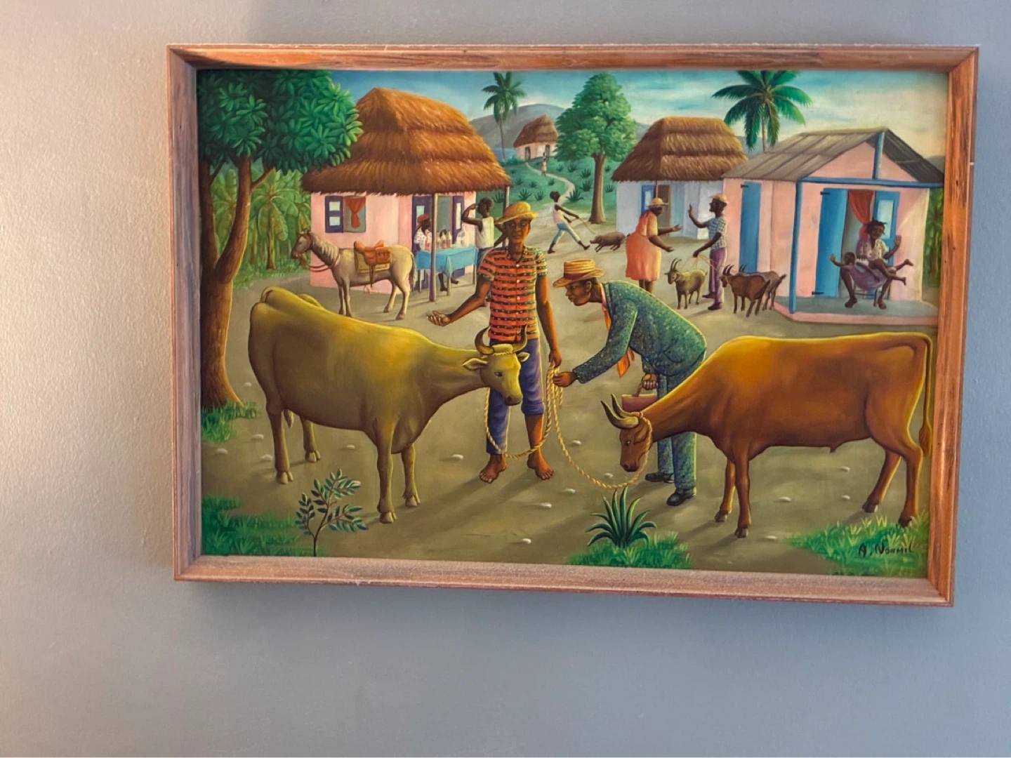 Vintage Haitian Folk Art Painting with Cows - photo 2