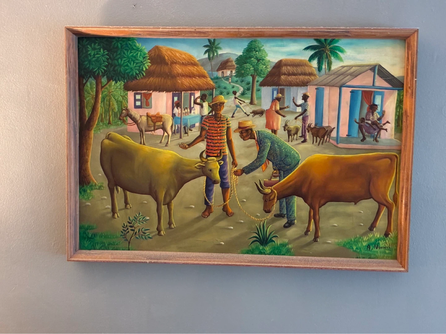 Vintage Haitian Folk Art Painting with Cows