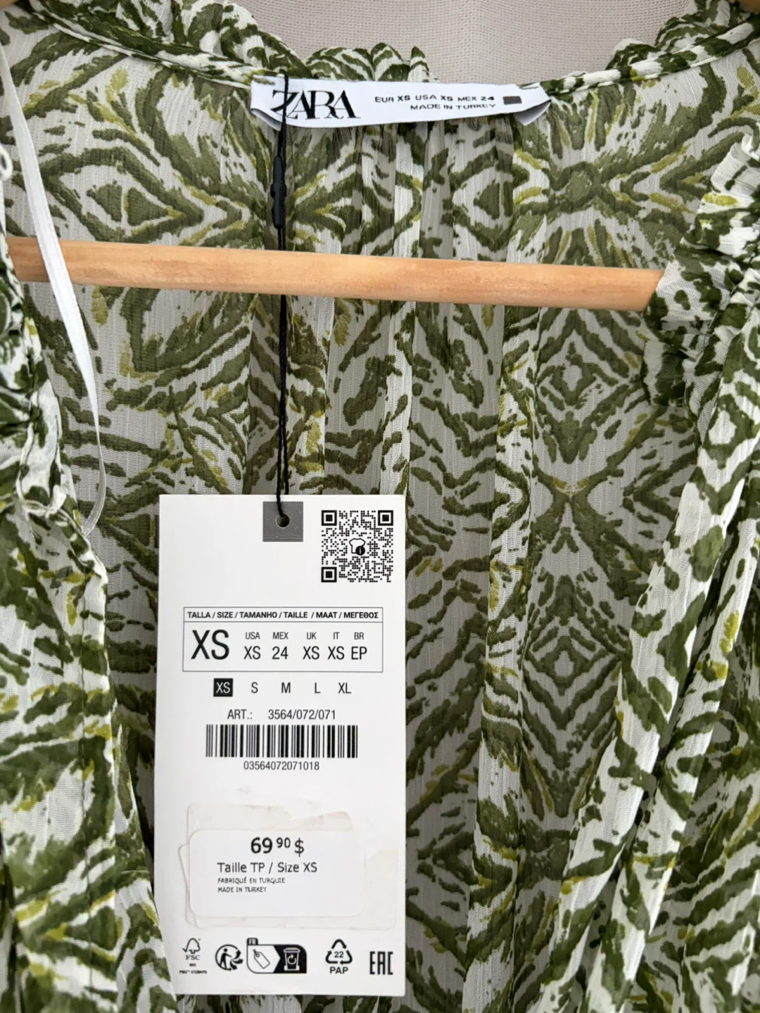 ZARA Green & White Patterned Ruched Mini Dress - XS - photo 2